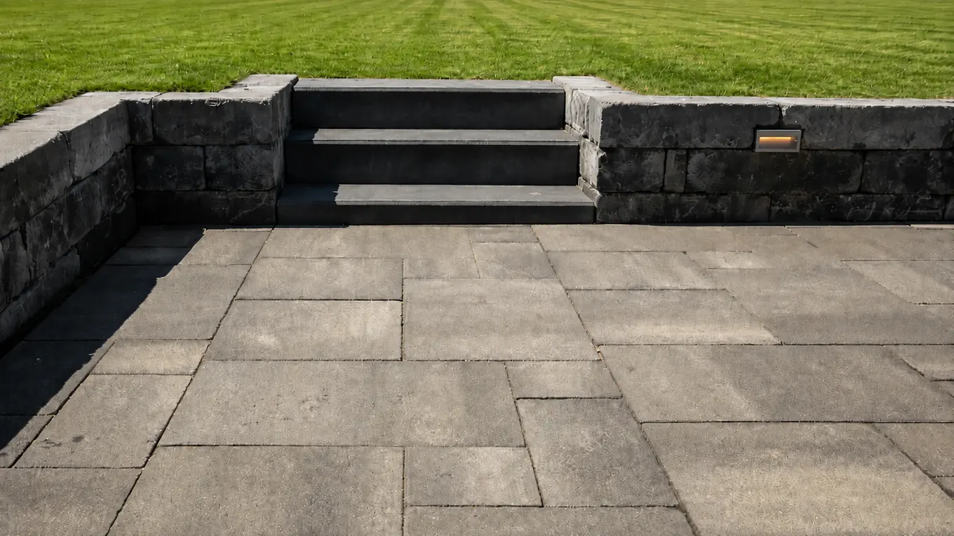 Terrasse aus großformatigen grauen Platten mit Blockstufen und niedriger Mauer mit eingelassener Leuchte