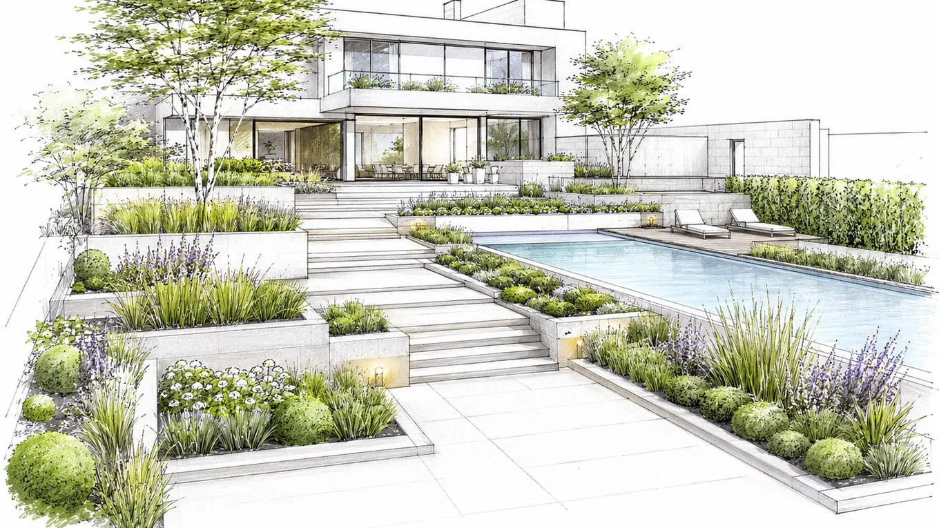 Gezeichneter Gartenentwurf in Perspektive: terrassierter Garten mit Pool, Stufen und Pflanzflächen vor einem modernen Haus