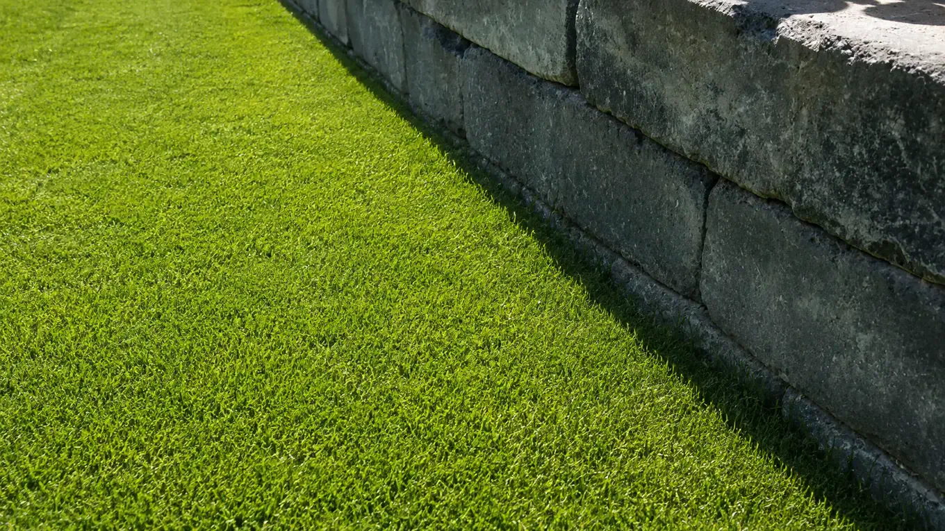 Sattgrüner Rasen entlang einer dunklen Natursteinmauer