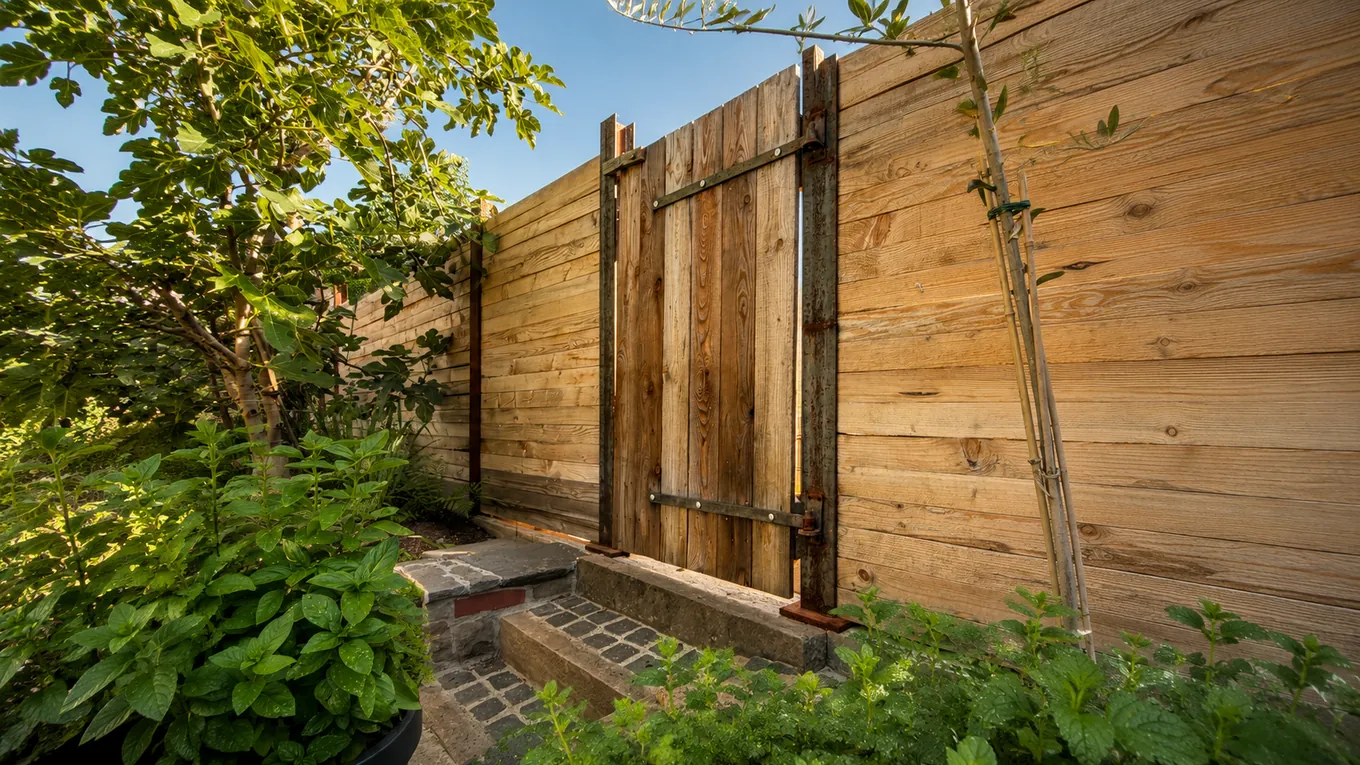 Sichtschutzwand aus breiten Holzbohlen mit eingelassenem Tor, davor Stauden und ein junger Baum